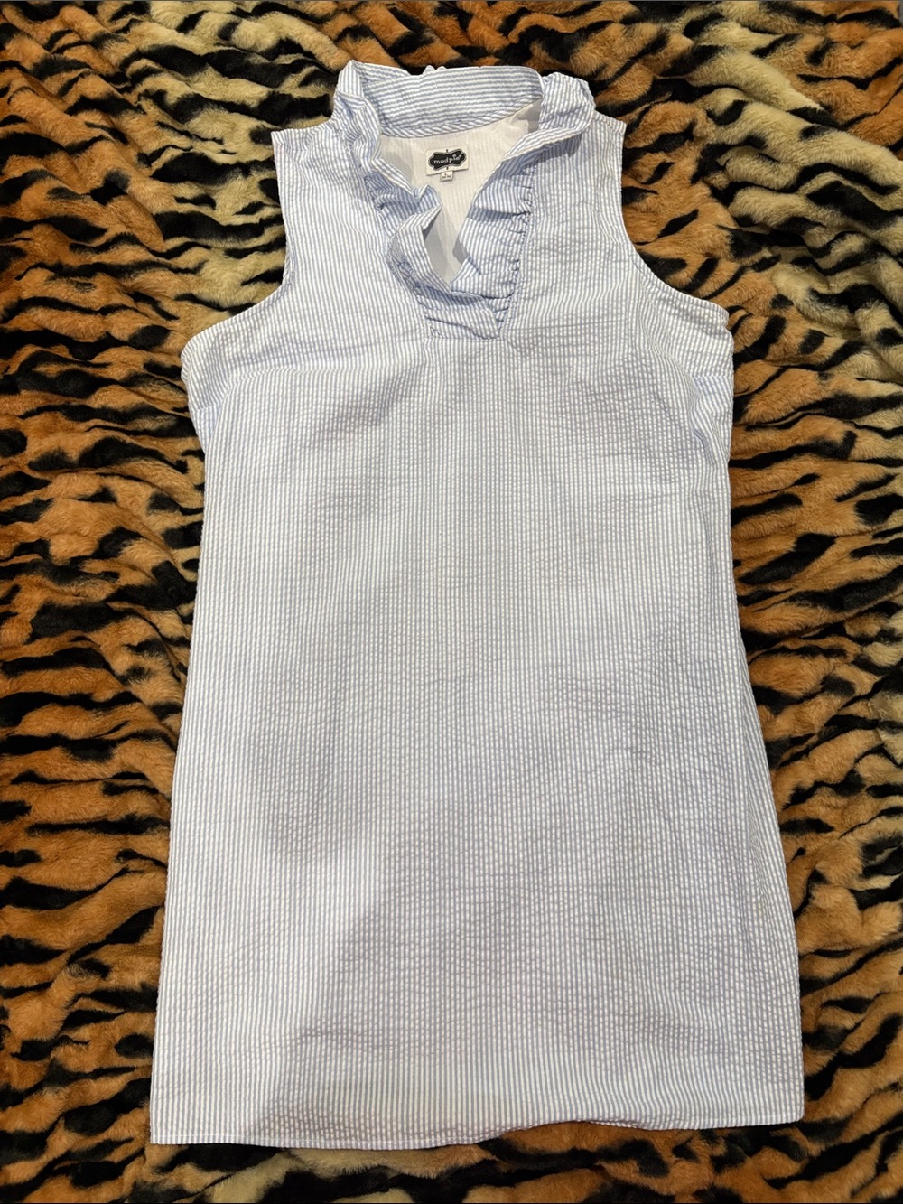 Light Blue Seersucker Sleeveless Ruffle Collar dress mudpie size L